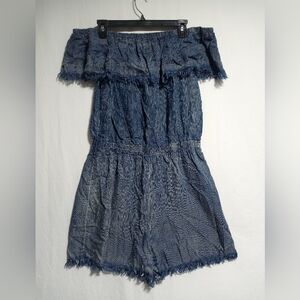 Easel Los Angeles Distressed Off The Shoulder Denim Romper Blue Size Large